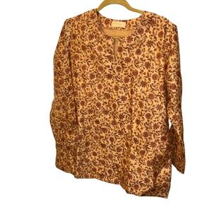 Fabindia Indian kurti tunic top tan orange warm Spring floral print top XL NEW